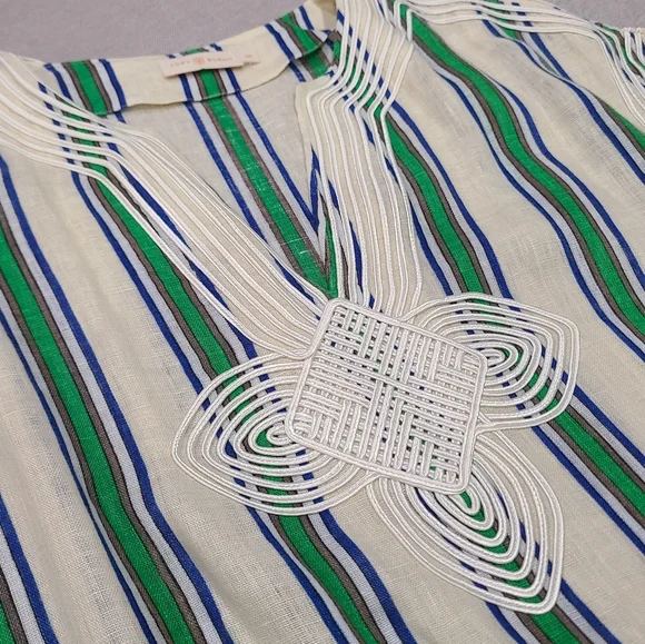 TORY BURCH Green Blue yellow Preppy Striped Linen Kaftan Dress w/ Logo Detail M TORY BURCH Green Blue yellow Preppy Striped Linen Kaftan Dress w/ Logo Detail M